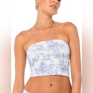 Edikted Blue and White Strapless Crop Top